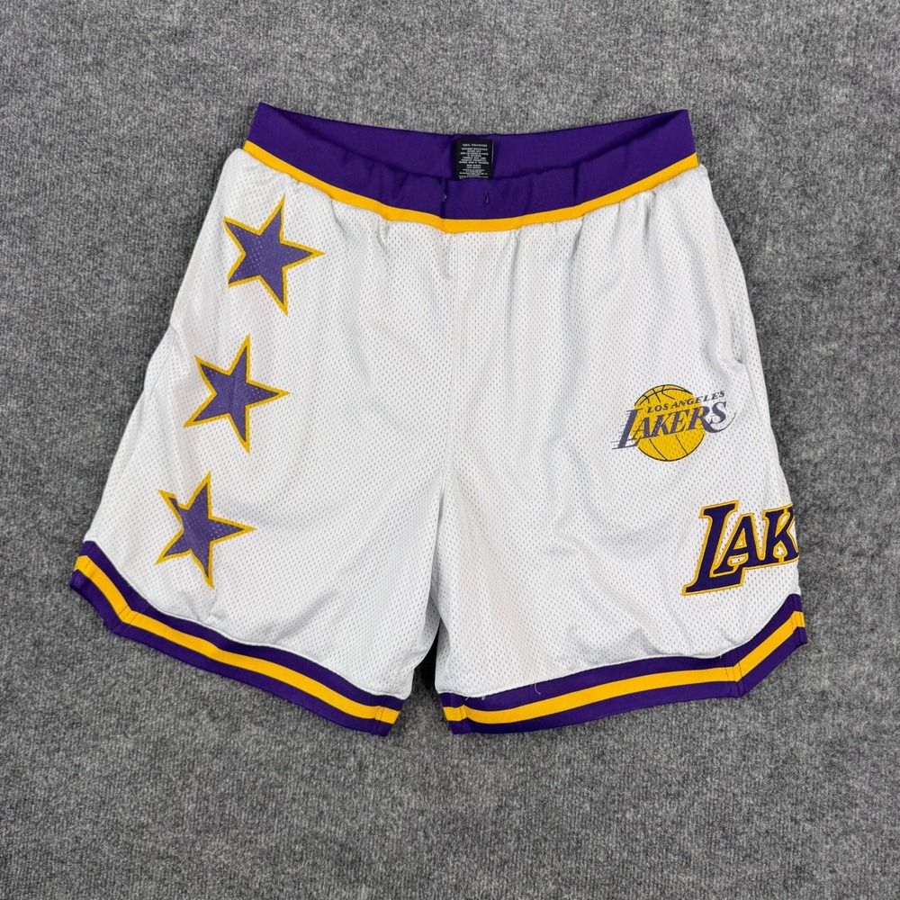 NBA Shorts Mens Size L White Los Angeles Lakers Mesh Star Graphic Athletic Gym